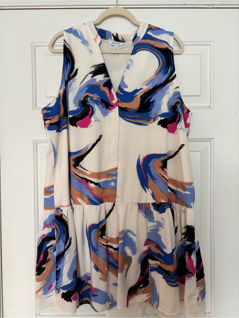 Nine West Cream Multicolor Abstract Swirl Sleeveless Tiered Dress
